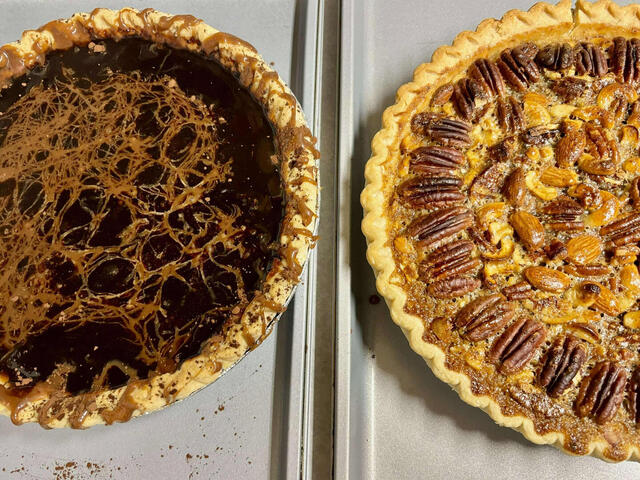 Caramel mocha pie and bourbon cashew almond pecan pie